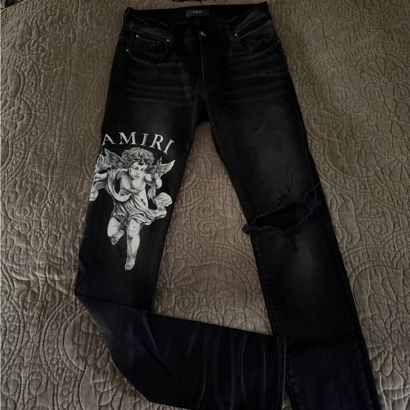 AMIRI Black Skinny Jeans with Angel Print - Picture 1 of 5